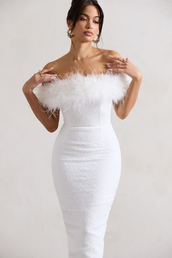 Maiden | White Lace Bardot Midi Dress With Feather Trim Discount - Image 3