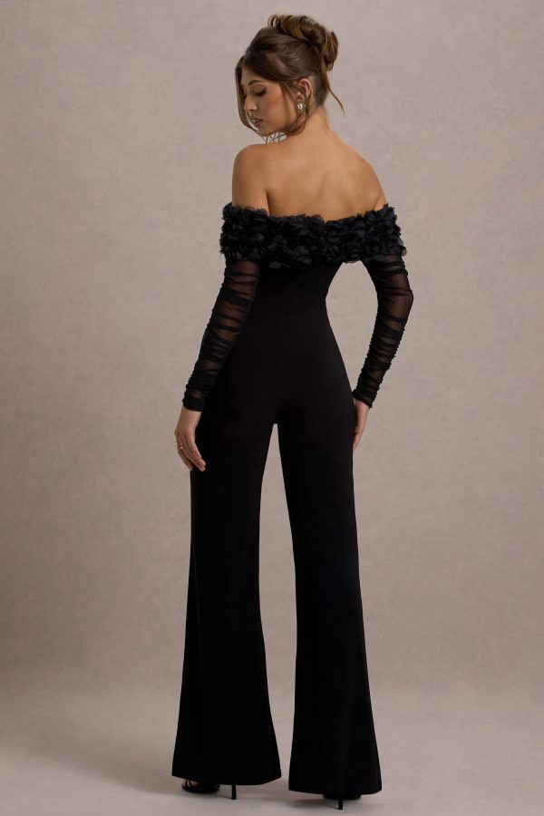 Celebrate | Black Bardot Long-Sleeved Flared-Leg Jumpsuit With Flowers Online Hot Sale - Image 2