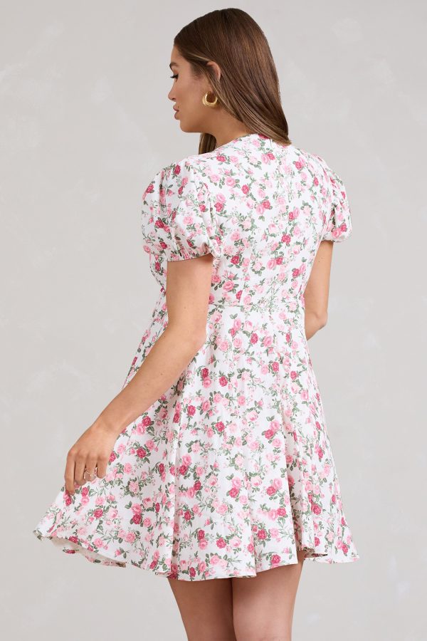 By The Cypress | Pink Floral Maternity V-Neck Puff-Sleeved Buttoned Mini Dress on Sale - Image 3