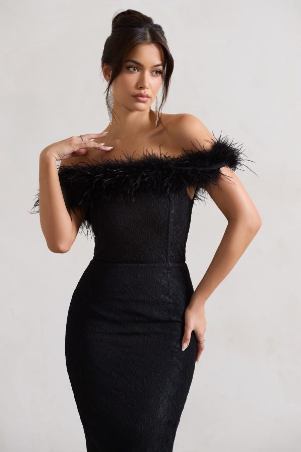 Maiden | Black Lace Bardot Midi Dress With Feather Trim Sale - Image 3