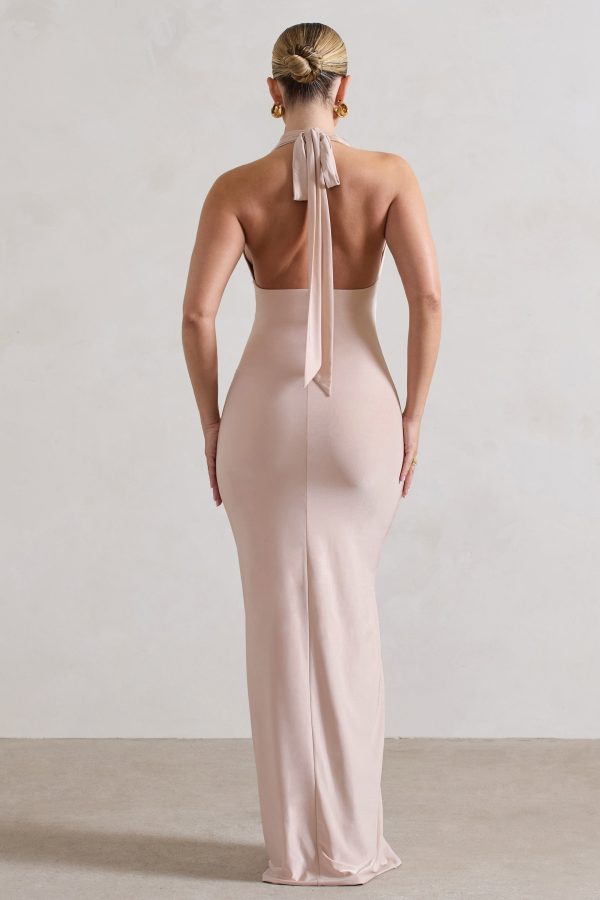 Rachel | Champagne Ruched Halter-Neck Split Maxi Dress Online Hot Sale