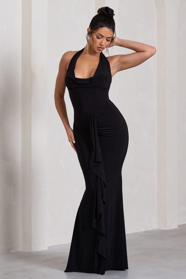 Kaia | Black Ruched Cowl-Neck Maxi Dress With Drape Online - Image 5