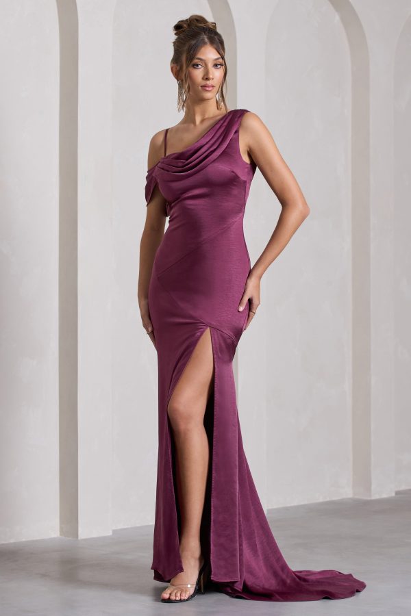 Jayne | Plum Satin Asymmetric Draped Split Maxi Dress Online now