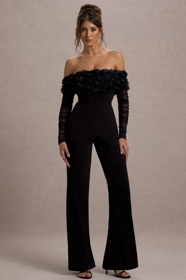 Celebrate | Black Bardot Long-Sleeved Flared-Leg Jumpsuit With Flowers Online Hot Sale
