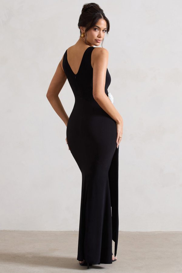 Endora | Black Split Maxi Dress With Corsage & Drape Hot on Sale - Image 2