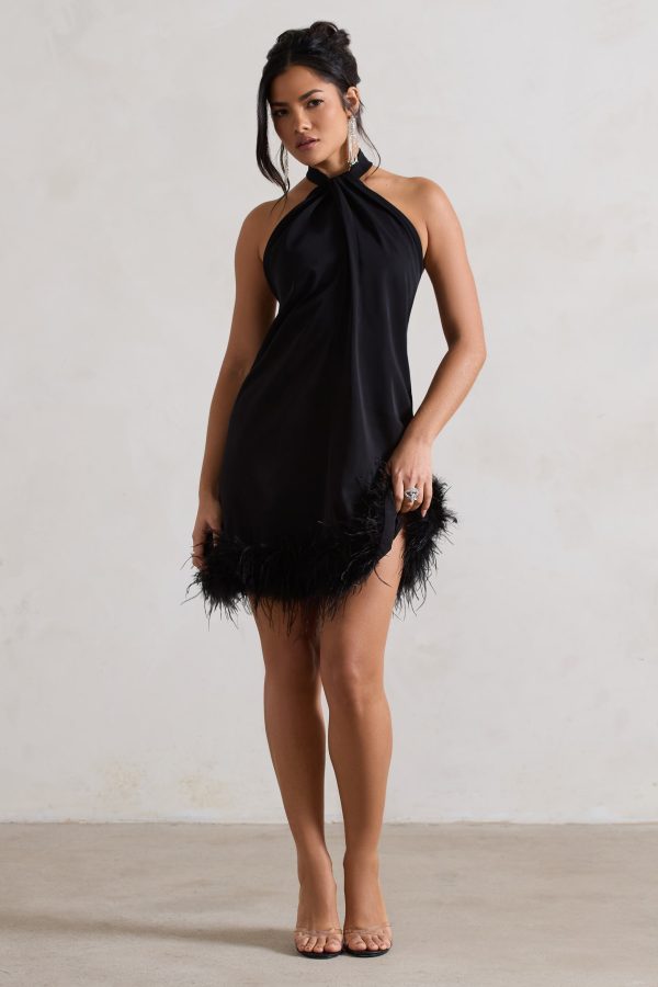 Femme | Black Halter-Neck Smock Mini Dress With Feather Hem on Sale
