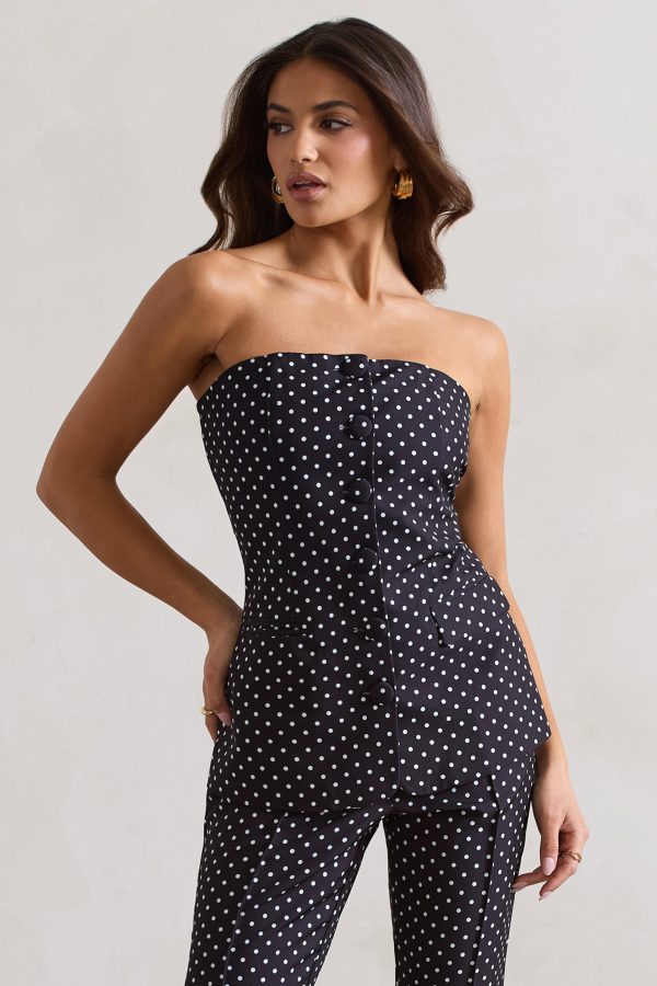 Elliana | Black Polka Dot Strapless Button Front Tailored Top For Cheap - Image 2