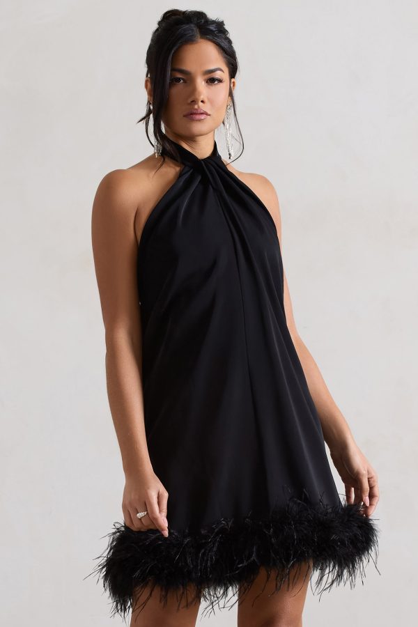 Femme | Black Halter-Neck Smock Mini Dress With Feather Hem on Sale - Image 4