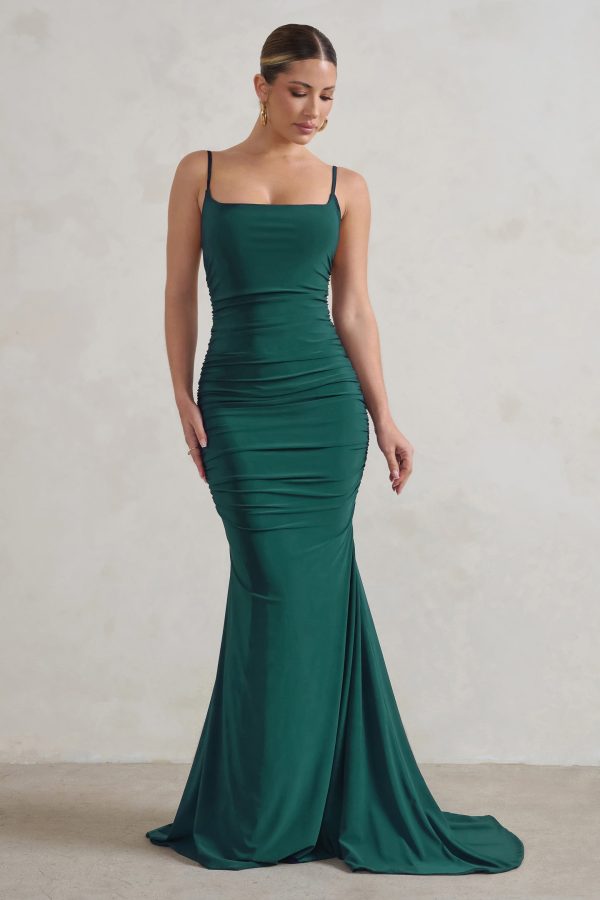 Adele | Bottle Green Backless Ruched Fishtail Cami Maxi Dress Cheap - Image 4