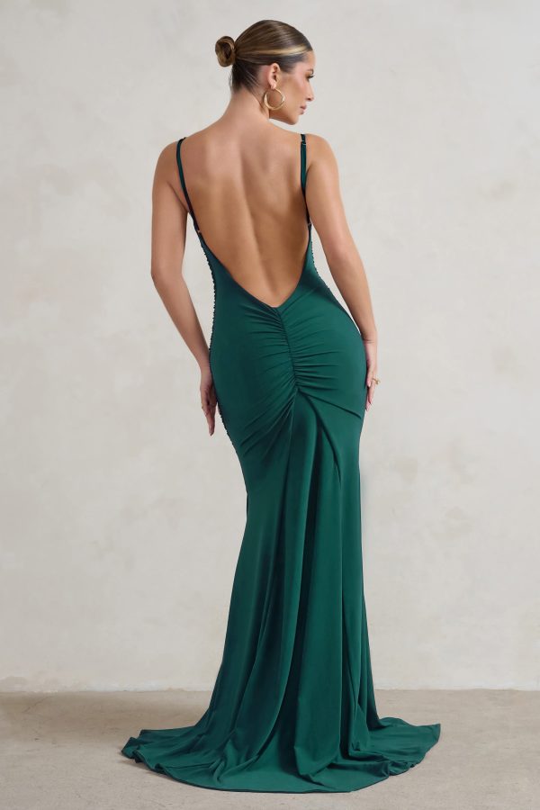 Adele | Bottle Green Backless Ruched Fishtail Cami Maxi Dress Cheap