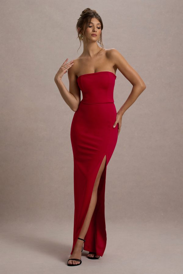 Belle of The Ball | Red Bandeau Maxi Dress With Split Hem For Cheap - Image 4