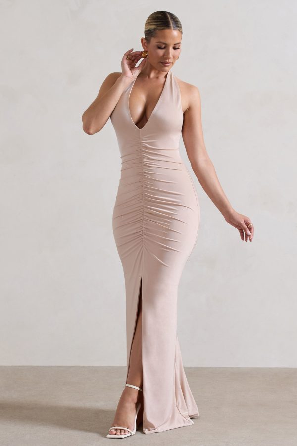 Rachel | Champagne Ruched Halter-Neck Split Maxi Dress Online Hot Sale - Image 5