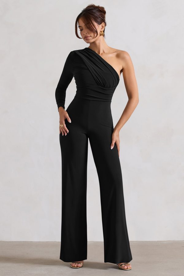 Mila | Black One Shoulder Ruched Wide Leg Jumpsuit Online now