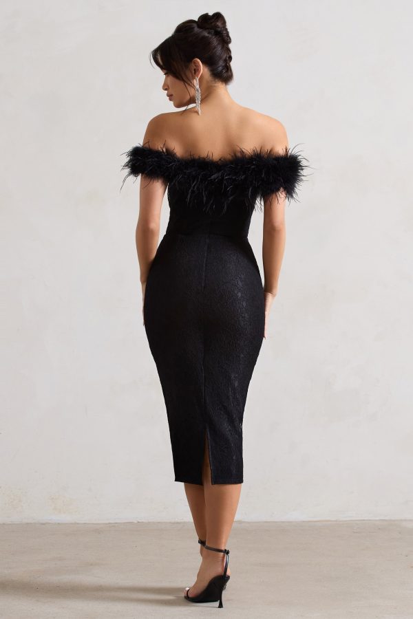 Maiden | Black Lace Bardot Midi Dress With Feather Trim Sale - Image 2