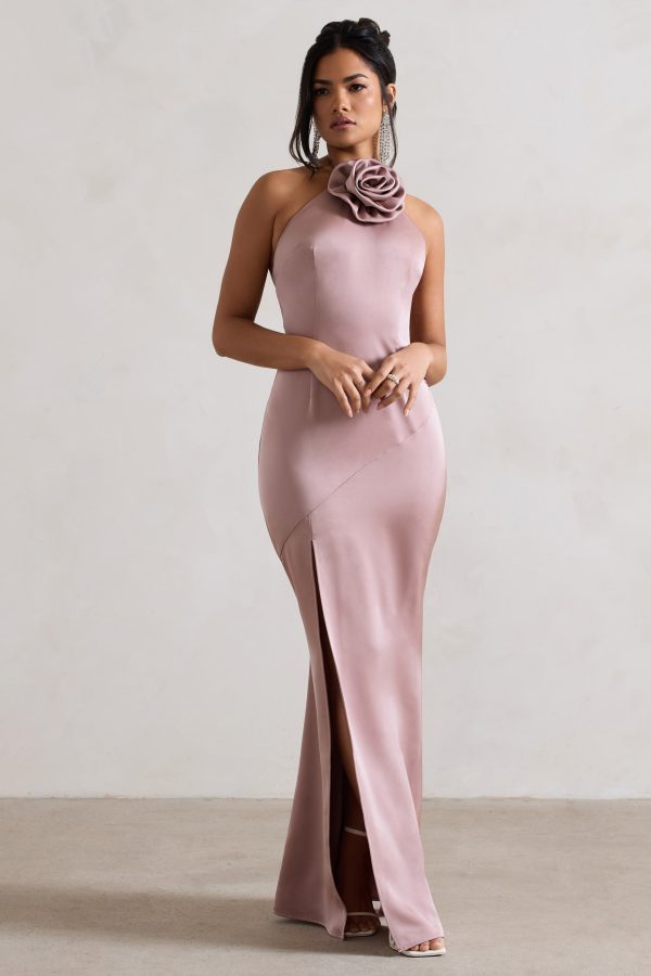 Cesca | Blush Pink Satin Halter-Neck Maxi Dress With Flower Corsage Online Hot Sale - Image 4