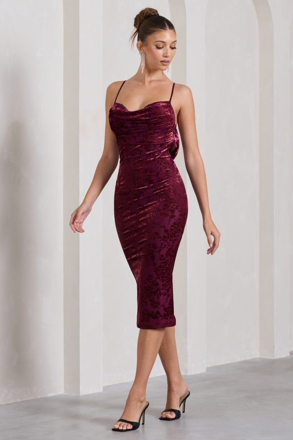 Whitney | Berry Velvet Floral Strappy Sweetheart Midi Dress For Cheap