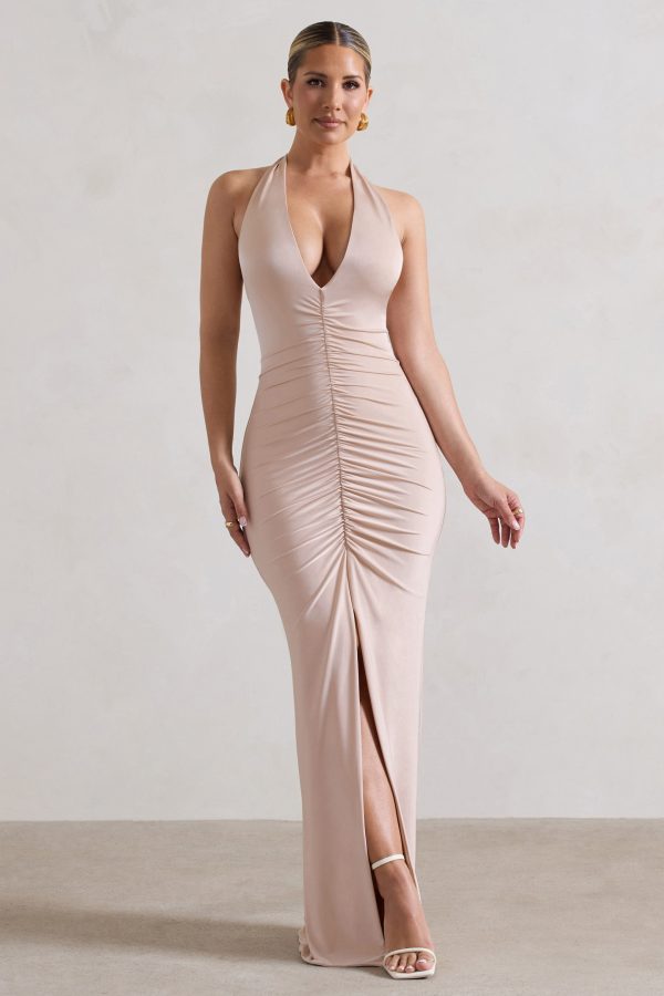 Rachel | Champagne Ruched Halter-Neck Split Maxi Dress Online Hot Sale - Image 3
