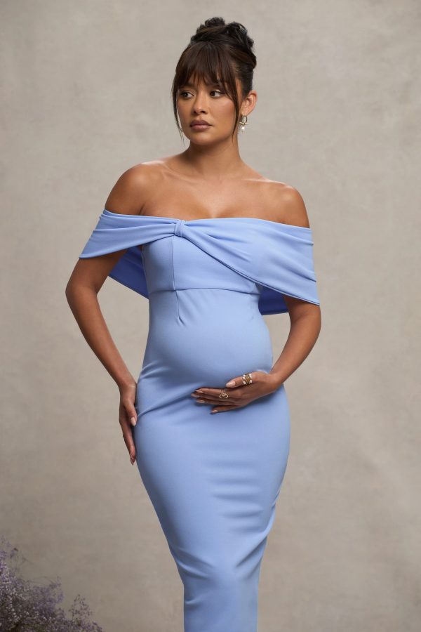 Alyssa | Powder Blue Bardot Bow Maternity Midi Dress with Ruching For Discount - Image 3