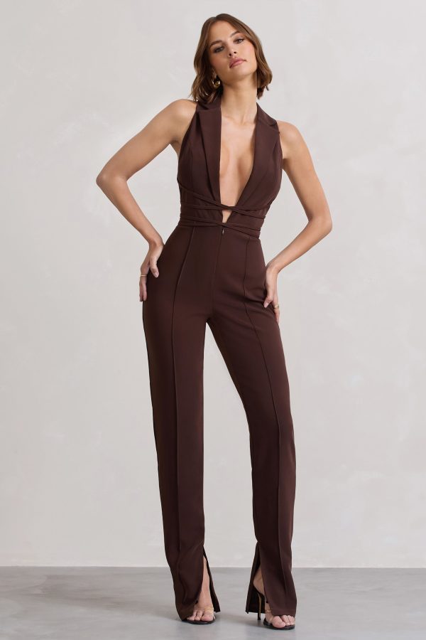 Darcy | Chocolate Brown Plunge Neck Tailored Jumpsuit With Tie Detail For Discount - Image 2