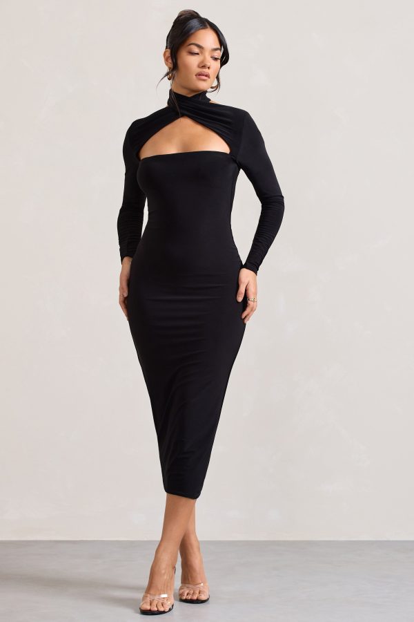 High Hopes | Black Halter-Neck Long-Sleeved Bodycon Midi Dress on Sale - Image 4