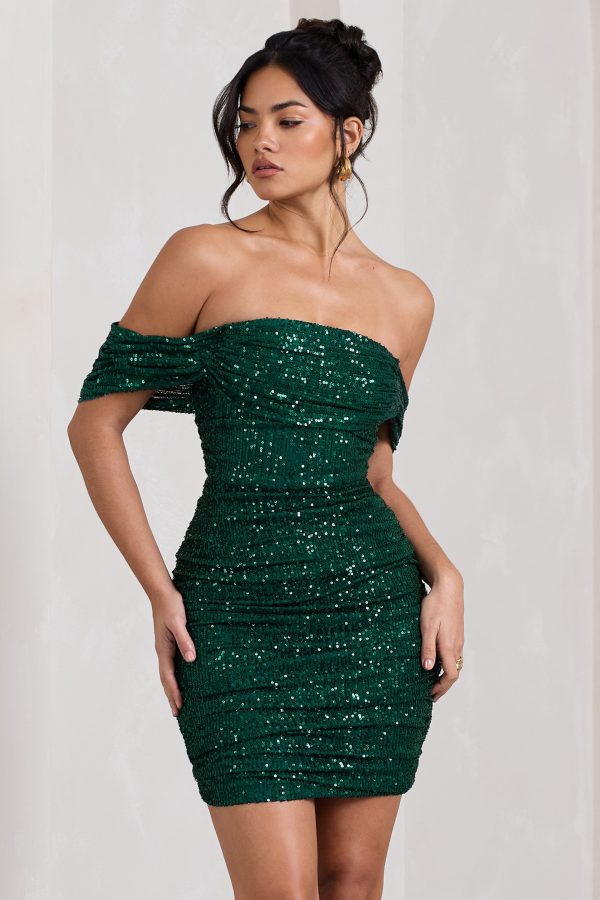 Light Up | Green Sequin Bardot Mini Dress With Drape Detail For Cheap - Image 5