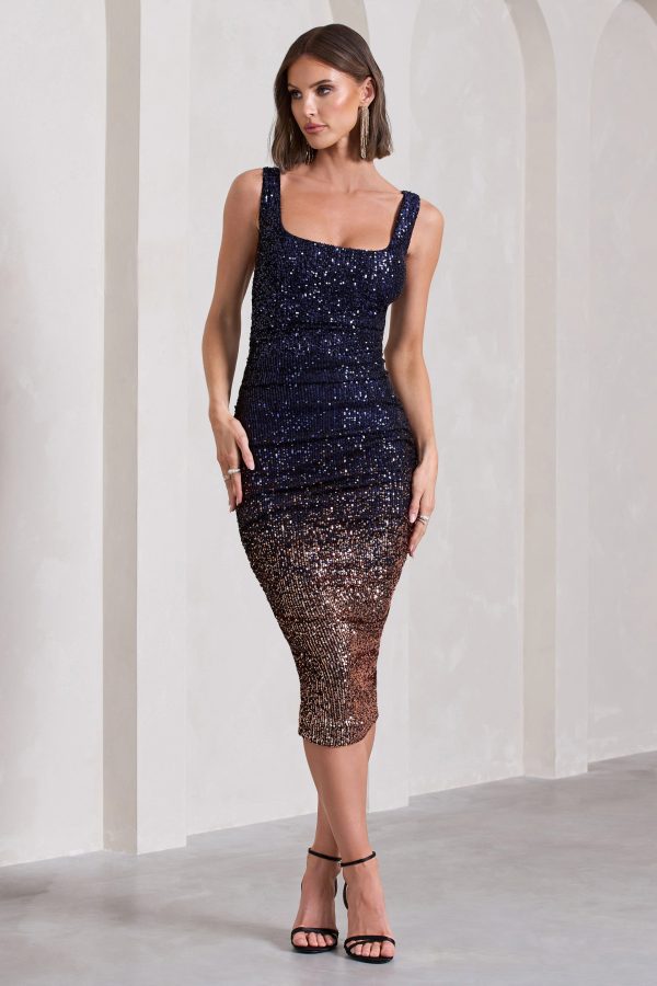 Starry Night | Navy Gold Ombre Sequin Square-Neck Midi Dress Discount