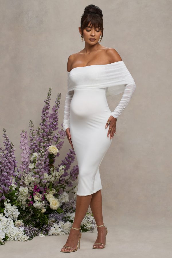 Patiently Waiting | White Maternity Ruched Mesh Bardot Midi Dress For Discount - Image 5