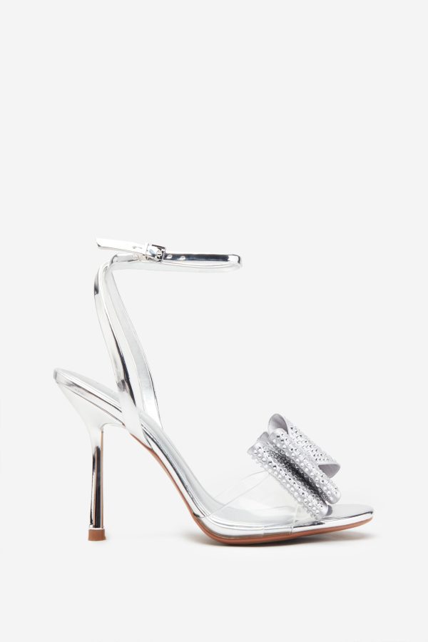 Bowing | Silver Metallic Heeled Sandals With Diamante Bows Discount