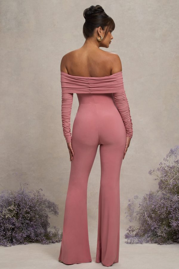 Count Down | Blush Pink Maternity Ruched Mesh Bardot Jumpsuit Online - Image 2