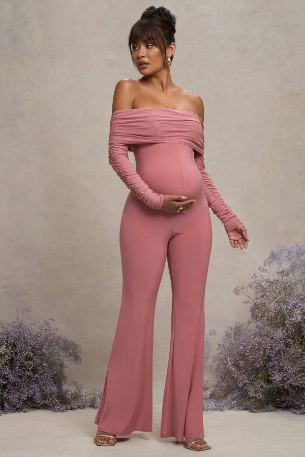 Count Down | Blush Pink Maternity Ruched Mesh Bardot Jumpsuit Online - Image 4