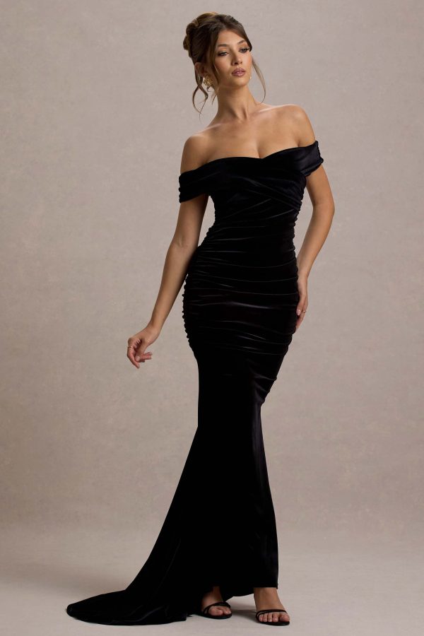 Apolline | Black Velvet Off The Shoulder Ruched Fishtail Maxi Dress Discount