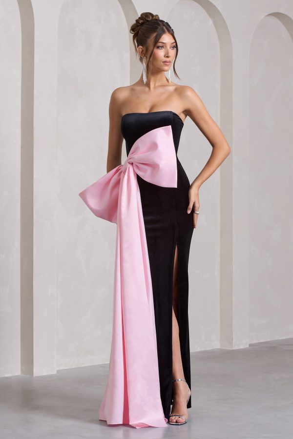 Best Wishes | Black Velvet Bandeau Split Maxi Dress With Oversized Pink Bow For Discount