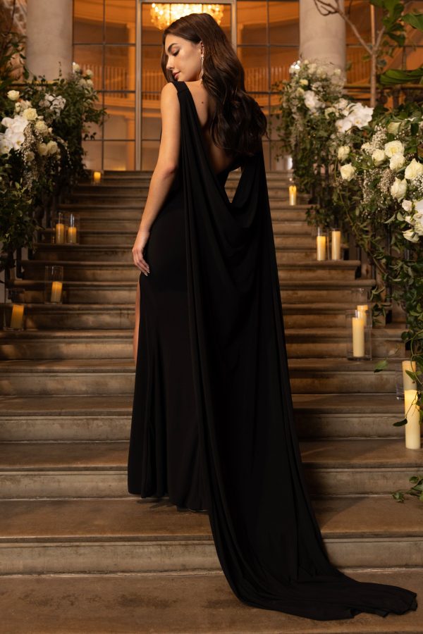 A Toast | Black Split Maxi Dress With Draped Cape For Cheap