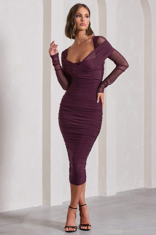 Between The Lines | Plum Ruched Mesh Long-Sleeved Bodycon Midi Dress Cheap - Image 5