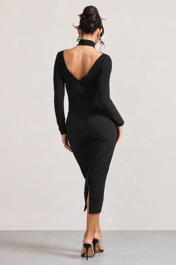 High Hopes | Black Halter-Neck Long-Sleeved Bodycon Midi Dress on Sale - Image 2