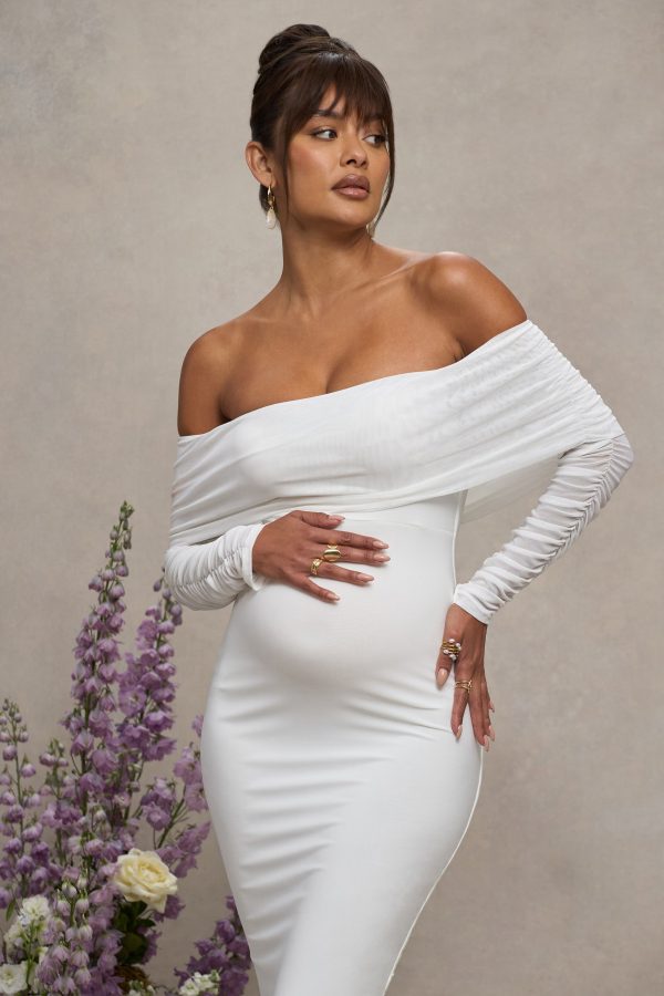 Patiently Waiting | White Maternity Ruched Mesh Bardot Midi Dress For Discount - Image 3