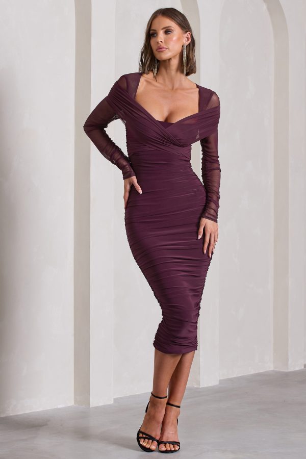Between The Lines | Plum Ruched Mesh Long-Sleeved Bodycon Midi Dress Cheap - Image 4