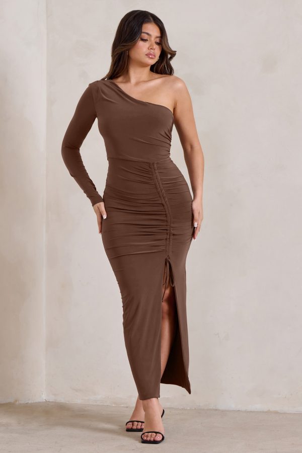 Mystical | Chocolate Brown One Shoulder Maxi Dress With Side Split Fashion - Image 5