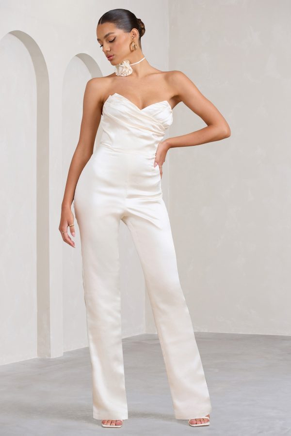 Amiah | Cream Satin Strapless Straight-Leg Jumpsuit Sale