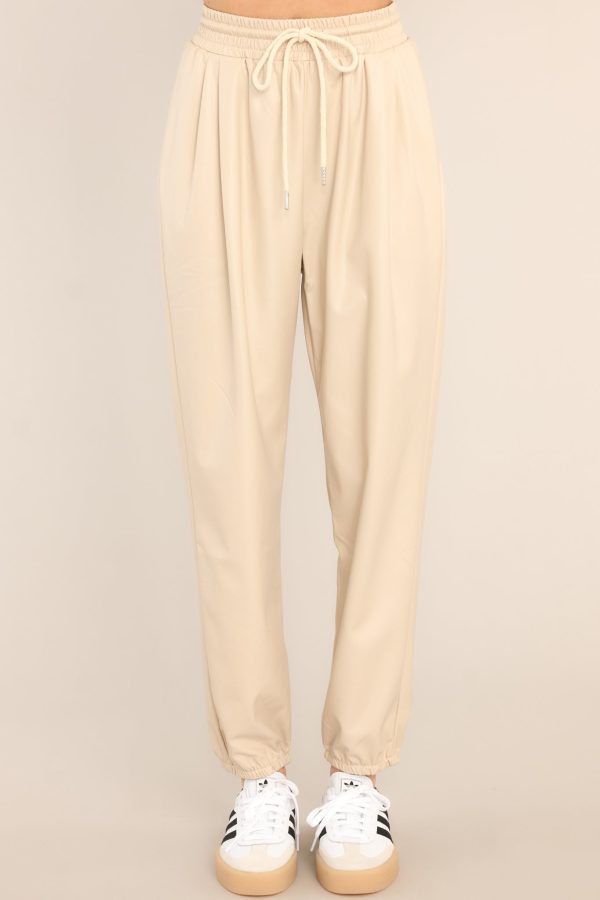 Wishful Dreamer Beige Faux Leather Joggers Sale - Image 2