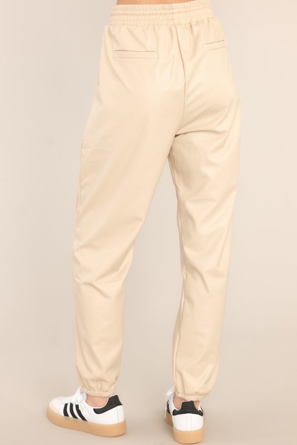 Wishful Dreamer Beige Faux Leather Joggers Sale - Image 3